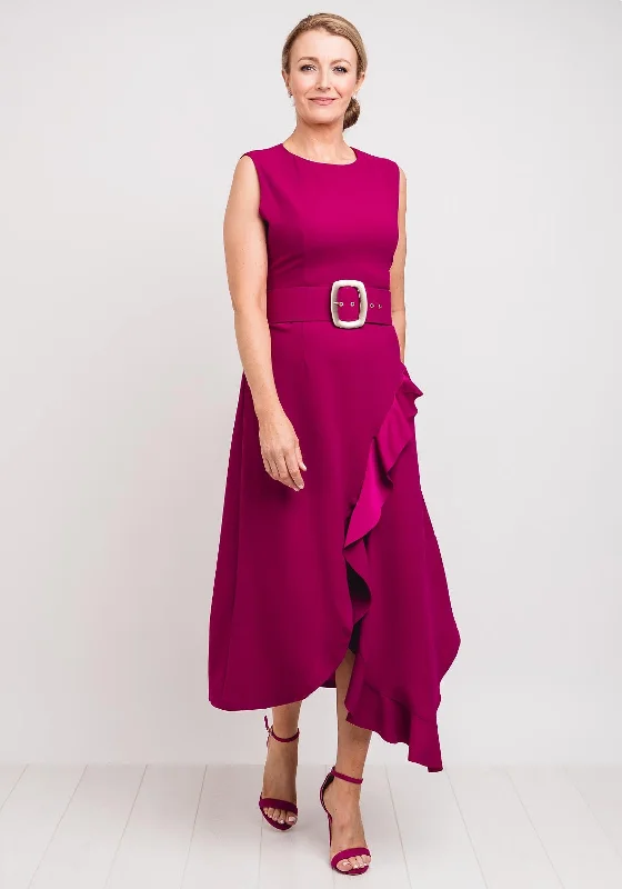 Huge Discounts Exquise Belted Frill Trim Midi Dress, Fuschia Pink