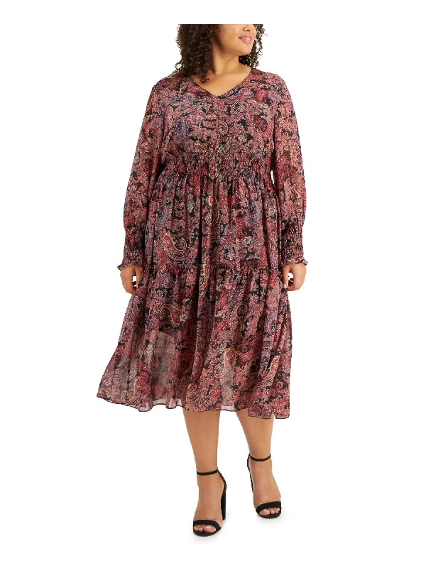 Savings Galore TAYLOR Womens Smocked Paisley Cuffed Sleeve V Neck Midi Party Fit + Flare Dress Savings Galore TAYLOR Womens Smocked Paisley Cuffed Sleeve V Neck Midi Party Fit + Flare Dress