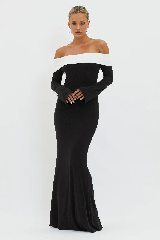 Exclusive Access Sabrina Long Sleeve Off-Shoulder Maxi Dress Black