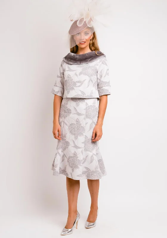 Closeout Lizabella Jacquard Faux Fur Collar Overlay Dress, Grey