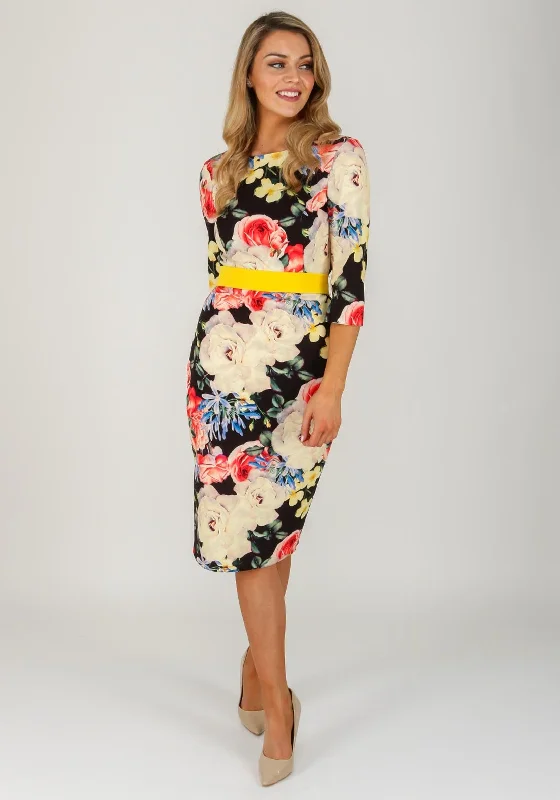 Act Fast Herysa Floral Rear Pleat Pencil Dress, Black