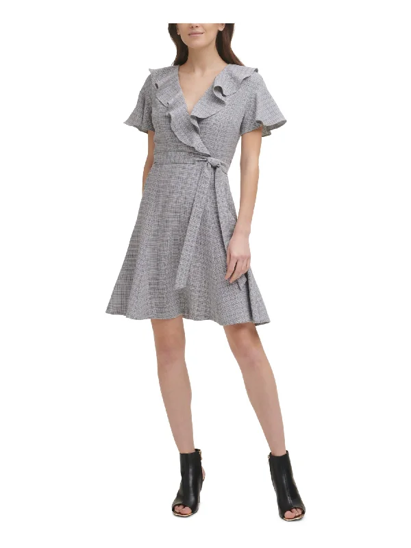 Referral Discount DKNY Womens Ruffled Plaid Flutter Sleeve Surplice Neckline Above The Knee Wear To Work Fit + Flare Dress Referral Discount DKNY Womens Ruffled Plaid Flutter Sleeve Surplice Neckline Above The Knee Wear To Work Fit + Flare Dress