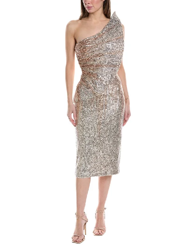 Don't Wait Badgley Mischka Asymmetric Sequin Midi Dress