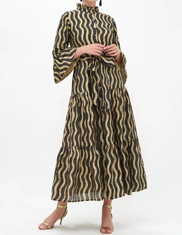Can't Be Beat Ruffle Collar Bell Maxi Dress In Black/ankara