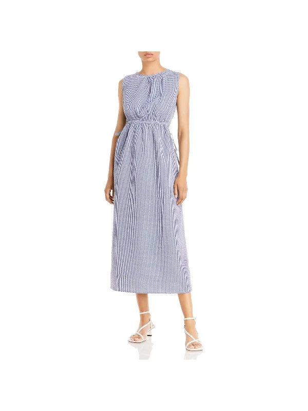 Markdowns AVA & ESME Womens Gathered Check Sleeveless Jewel Neck Midi Sheath Dress