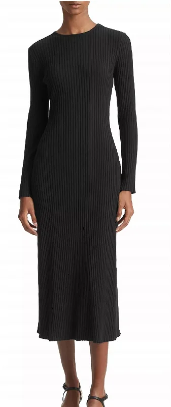 Limited Availability Ribbed Knit Long Sleeve Crew Neck Sweater Dress In Black