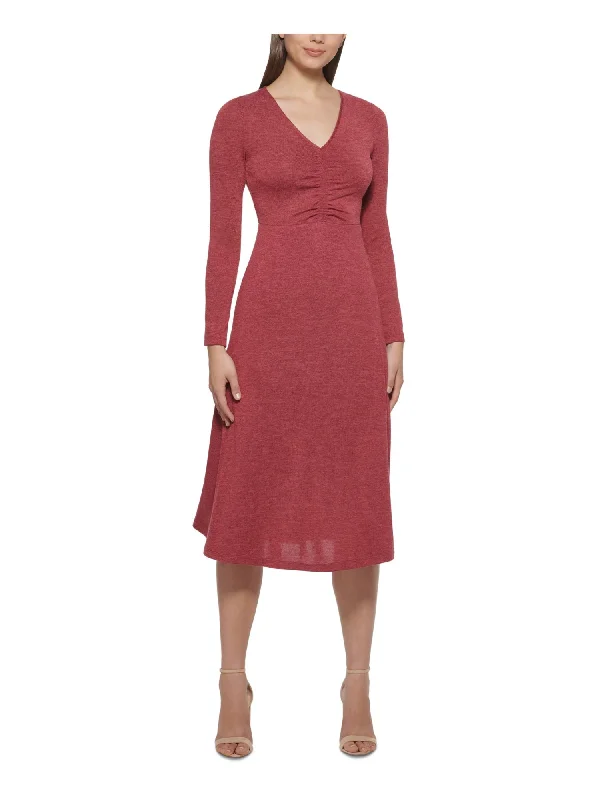 Price Cut KENSIE Womens Long Sleeve V Neck Midi Wear To Work Fit + Flare Dress