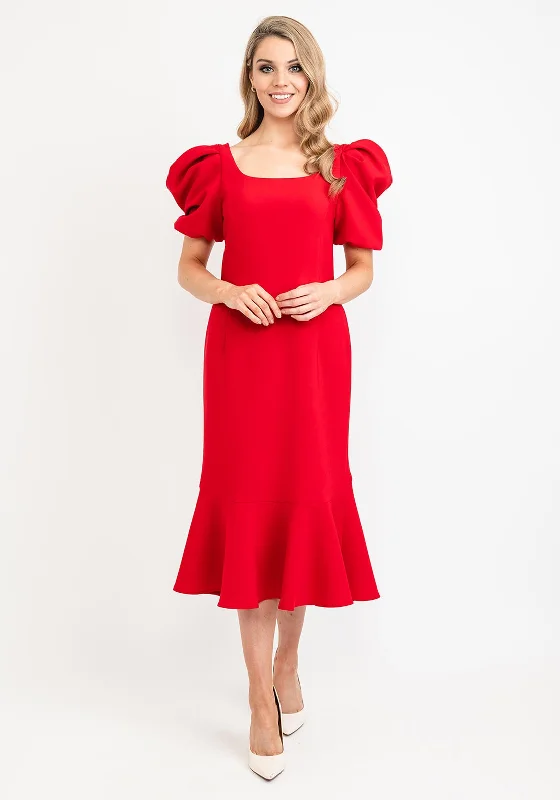 Deal of the Week Claudia C Puff Sleeve Fishtail Dress, Red
