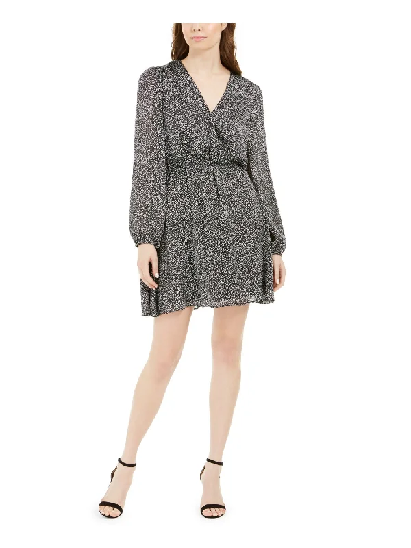 Deep Discounts LEYDEN Womens Printed Long Sleeve V Neck Short Dress