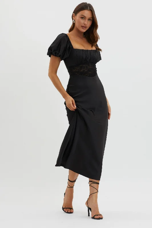 Steals and Deals Allianna Puff Sleeve Lace Waist Midi Dress Black