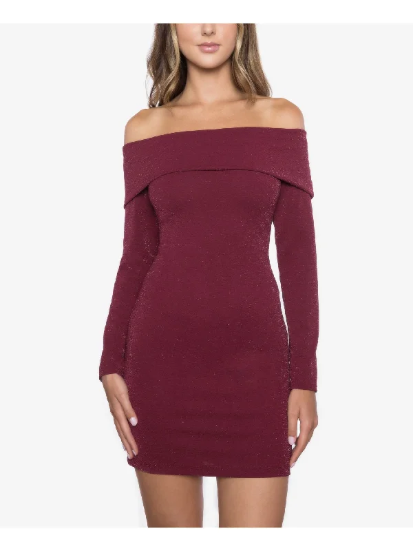 TIME-Limited Offer B DARLIN Womens Glitter Long Sleeve Off Shoulder Mini Party Body Con Dress