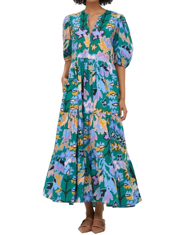 Price Reduction Puff Sleeve V-Neck Maxi Dress In Bukhara/green