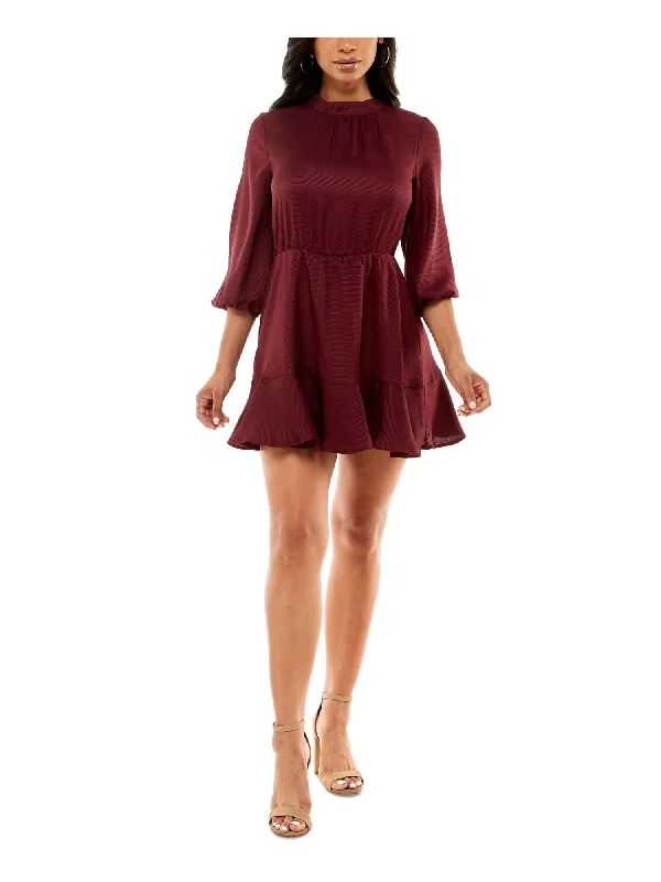 Doorbuster Deal SPEECHLESS Womens Red Textured Pleated Ruffled Hem 3/4 Sleeve Tie Neck Mini Party Fit + Flare Dress Doorbuster Deal SPEECHLESS Womens Red Textured Pleated Ruffled Hem 3/4 Sleeve Tie Neck Mini Party Fit + Flare Dress