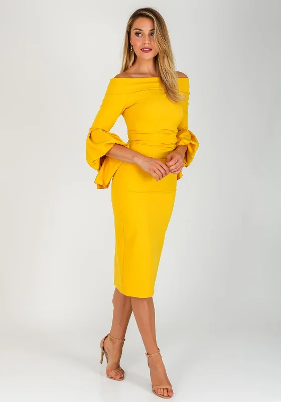 Special Buy Kevan Jon Ceiba Bardot Midi Dress, Mustard