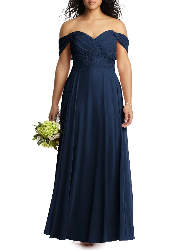 Limited Time Discount DESSY COLLECTION Womens Navy Zippered Sheer Draped Crossover Bodice Short Sleeve Off Shoulder Full-Length Evening Gown Dress Limited Time Discount DESSY COLLECTION Womens Navy Zippered Sheer Draped Crossover Bodice Short Sleeve Off Shoulder Full-Length Evening Gown Dress