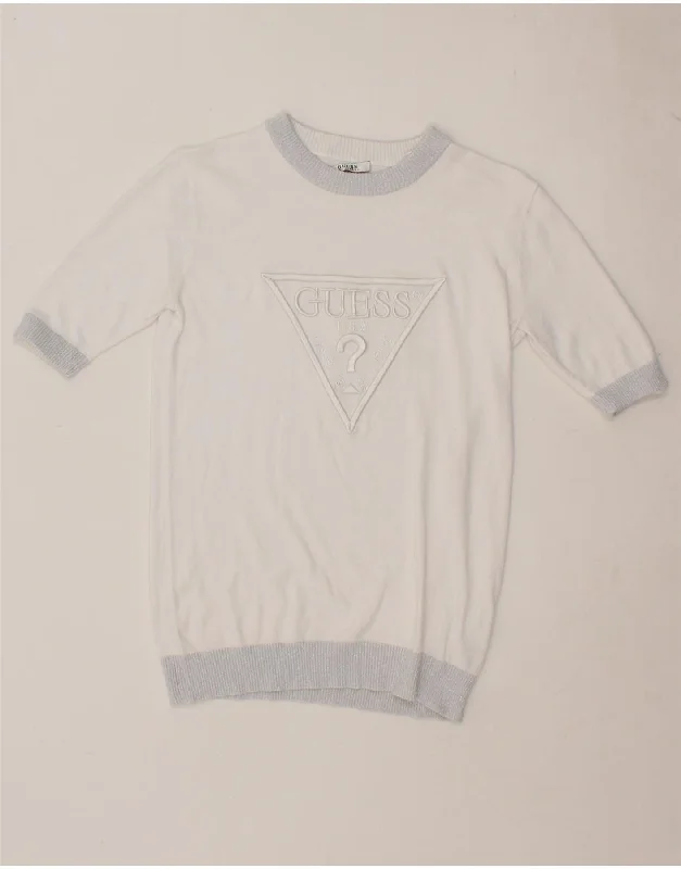 Deep Discounts GUESS Womens Graphic Short Sleeve Sweatshirt Jumper UK 6 XS White Viscose Deep Discounts GUESS Womens Graphic Short Sleeve Sweatshirt Jumper UK 6 XS White Viscose