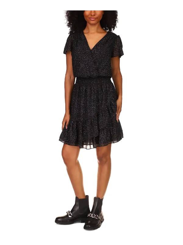 Year-End Sale MICHAEL KORS Womens Black Smocked Ruffled Lined Flutter Sleeve Surplice Neckline Short Faux Wrap Dress Year-End Sale MICHAEL KORS Womens Black Smocked Ruffled Lined Flutter Sleeve Surplice Neckline Short Faux Wrap Dress