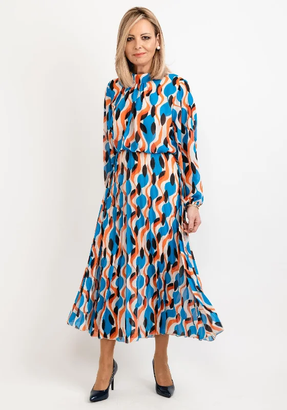Limited Availability Seventy1 One Size Patterned Blouson Waist Midi Dress, Blue Orange Multi