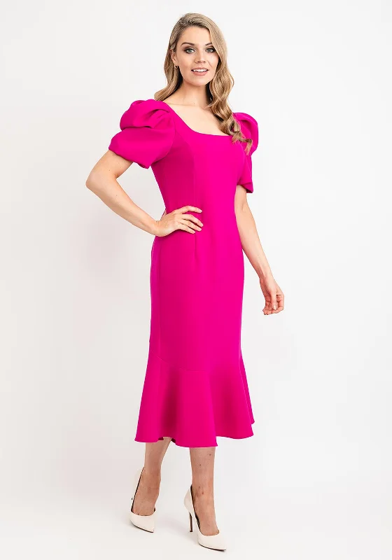 Clearance Items Claudia C Puff Sleeve Fishtail Dress, Magenta