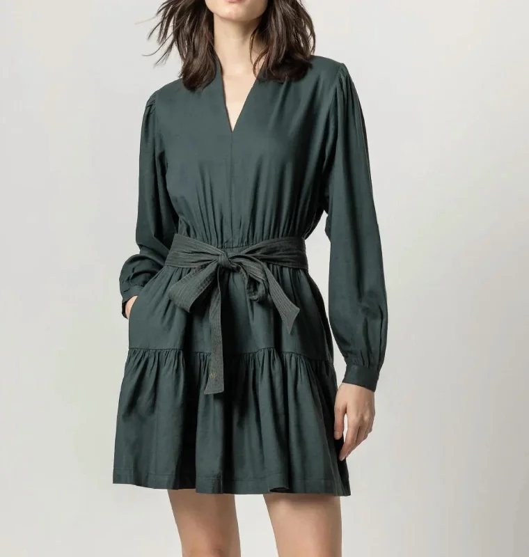 Deal Mania Long Sleeve Split Neck Peplum Dress In Elm