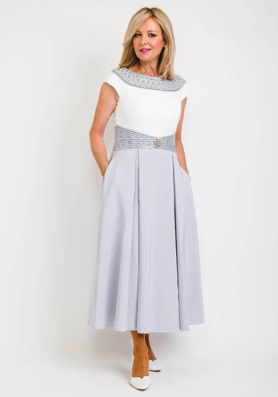 Massive Deals Veni Infantino for Ronald Joyce Embellished Neckline Pleated Dress, Silver & Ivory