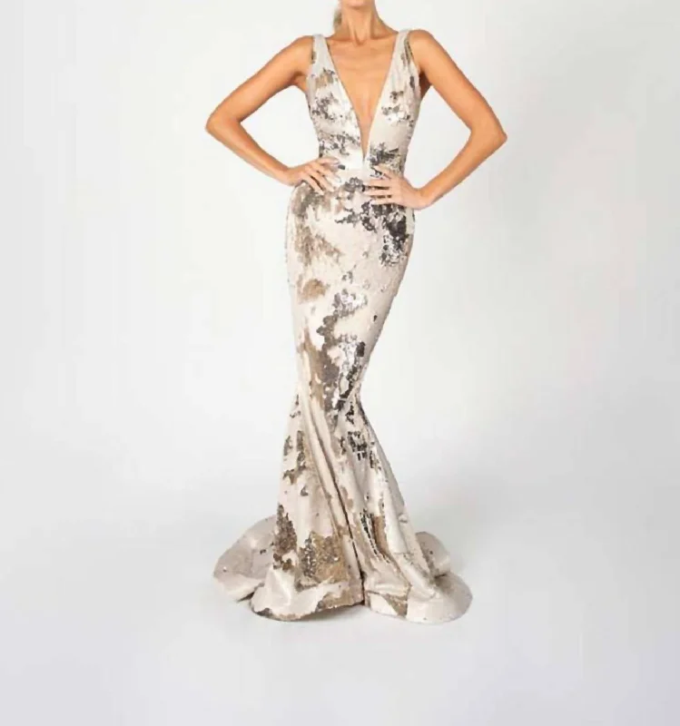 Savings Bonanza Sequin Gown In Crème/gold