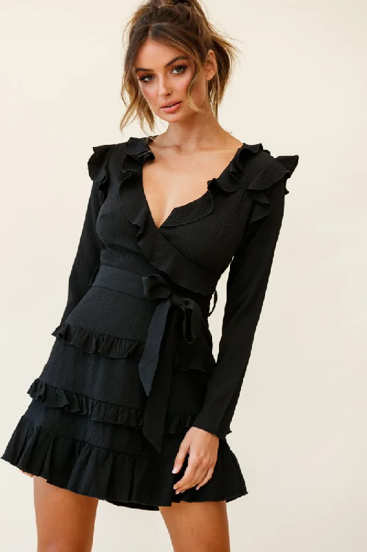 Discount Deals Jemirah Ruffle-Trimmed Long Sleeve Frill Dress Black