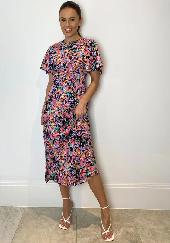 Year-End Sale Girl In Mind Britney Floral Print Split Leg Midi Dress, Pink Multi