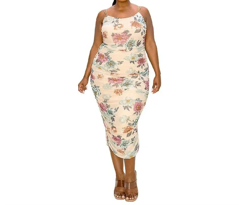 Customer Appreciation Sale Print Mesh Cinch Dress Plus Size In Cream