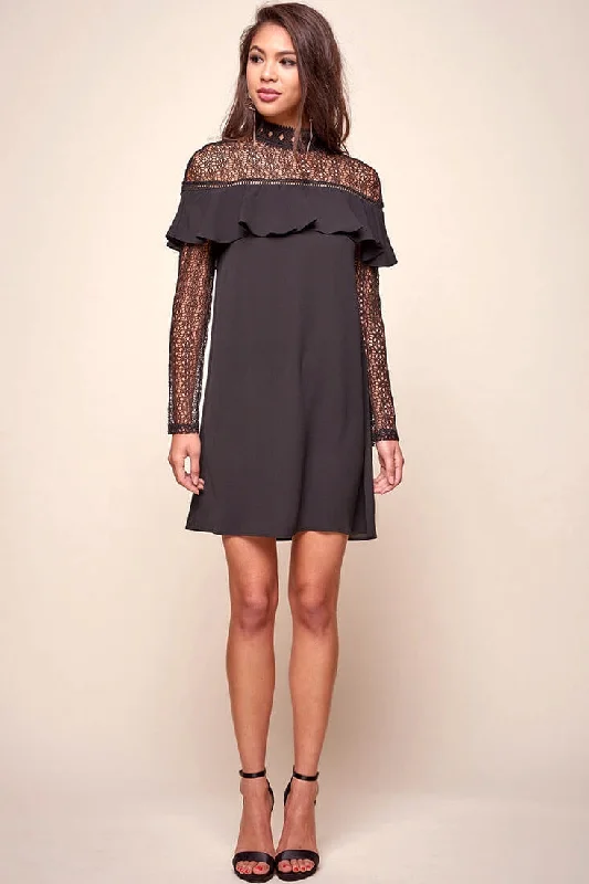 Super Deal Mendes Lace Detailed High Neck Long Sleeved Dress Black