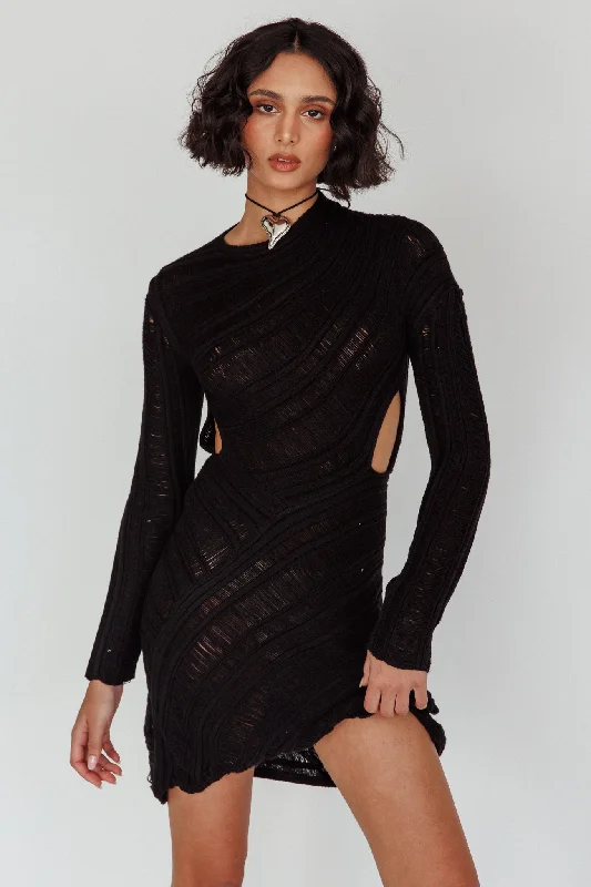 While Supplies Last Leyanne Crochet Long Sleeve Cut-Out Mini Dress Black