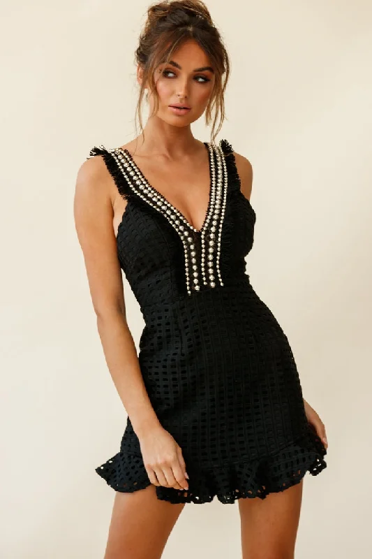 Lowest Prices Argyle Bead & Fringe Trim Ruffle Hem Dress Black