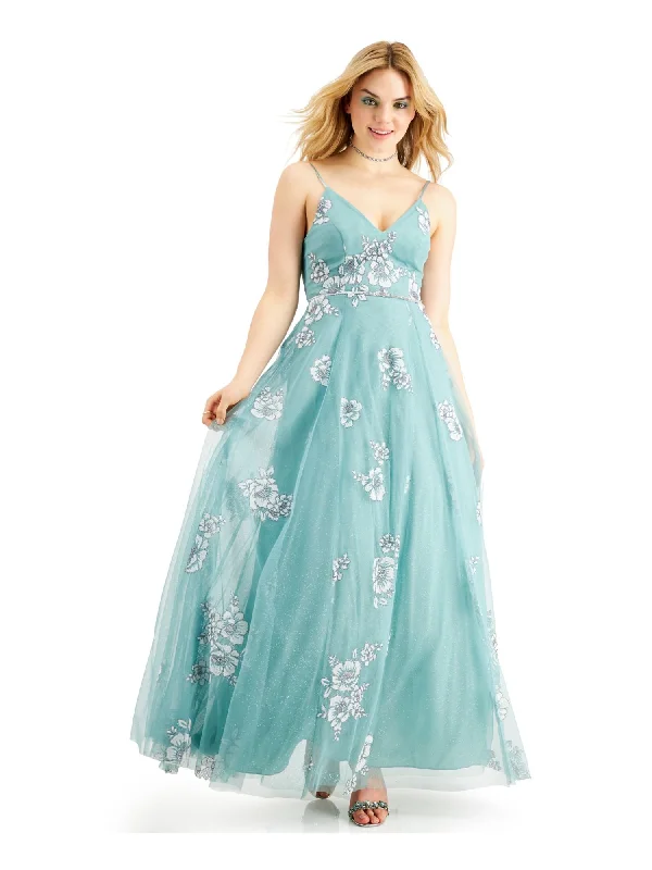 Weekend Deal TEEZE ME Womens Aqua Glitter Zippered Rhinestone Mesh Adjustable Strap Floral Spaghetti Strap V Neck Full-Length Prom Fit + Flare Dress Weekend Deal TEEZE ME Womens Aqua Glitter Zippered Rhinestone Mesh Adjustable Strap Floral Spaghetti Strap V Neck Full-Length Prom Fit + Flare Dress