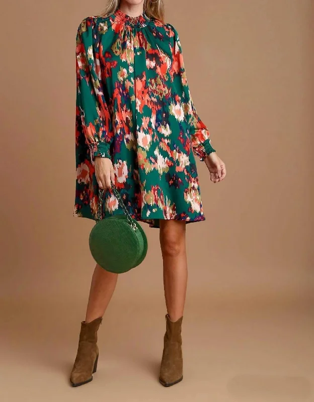 Deep Discounts Floral Printed Mock Neck Dress In Hunter Green