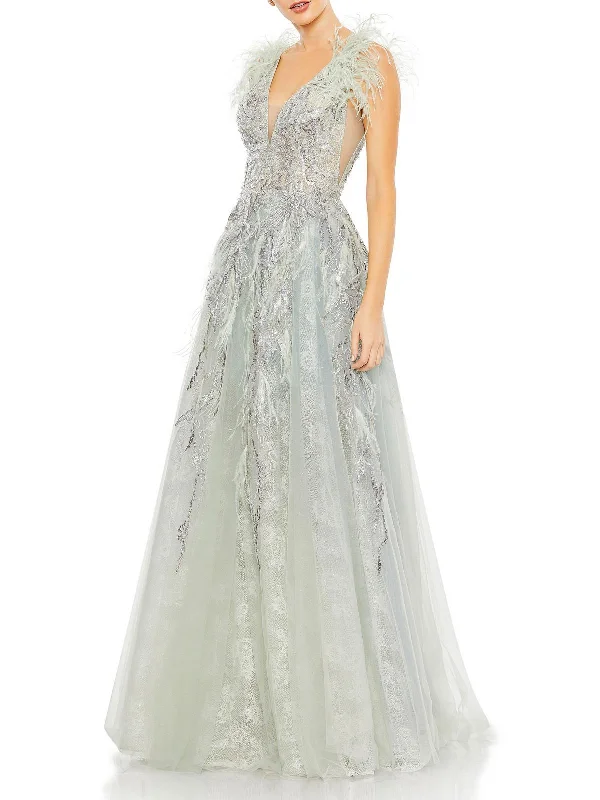 Fantastic Deals Womens Embroidered Feathered Evening Dress
