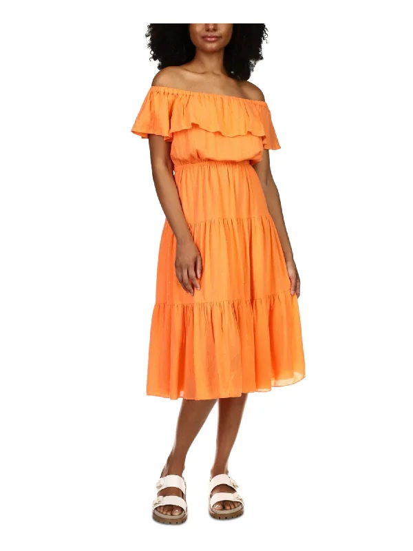 Early Access MICHAEL KORS Womens Orange Stretch Flutter Sleeve Off Shoulder Midi Party Peasant Dress Early Access MICHAEL KORS Womens Orange Stretch Flutter Sleeve Off Shoulder Midi Party Peasant Dress