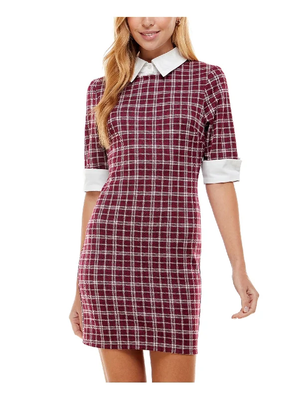 Final Markdown KINGSTON GREY Womens Burgundy Zippered Unlined Cuffed Plaid Elbow Sleeve Point Collar Short Sheath Dress Final Markdown KINGSTON GREY Womens Burgundy Zippered Unlined Cuffed Plaid Elbow Sleeve Point Collar Short Sheath Dress