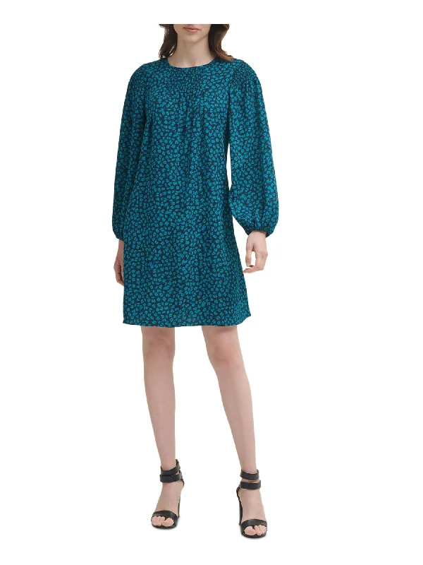 Special Buy DKNY Womens Smocked Floral Long Sleeve Round Neck Short Evening Shift Dress Special Buy DKNY Womens Smocked Floral Long Sleeve Round Neck Short Evening Shift Dress