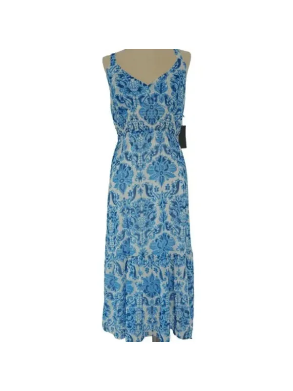 Limited Time BLACK TAPE Womens Ivory Smocked Tiered Skirt Lined Printed Sleeveless V Neck Midi Fit + Flare Dress