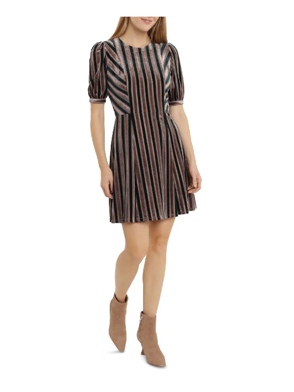 Unmissable Offer LONDON TIMES Womens Stretch Zippered Striped Pouf Sleeve Jewel Neck Above The Knee Party Fit + Flare Dress Unmissable Offer LONDON TIMES Womens Stretch Zippered Striped Pouf Sleeve Jewel Neck Above The Knee Party Fit + Flare Dress