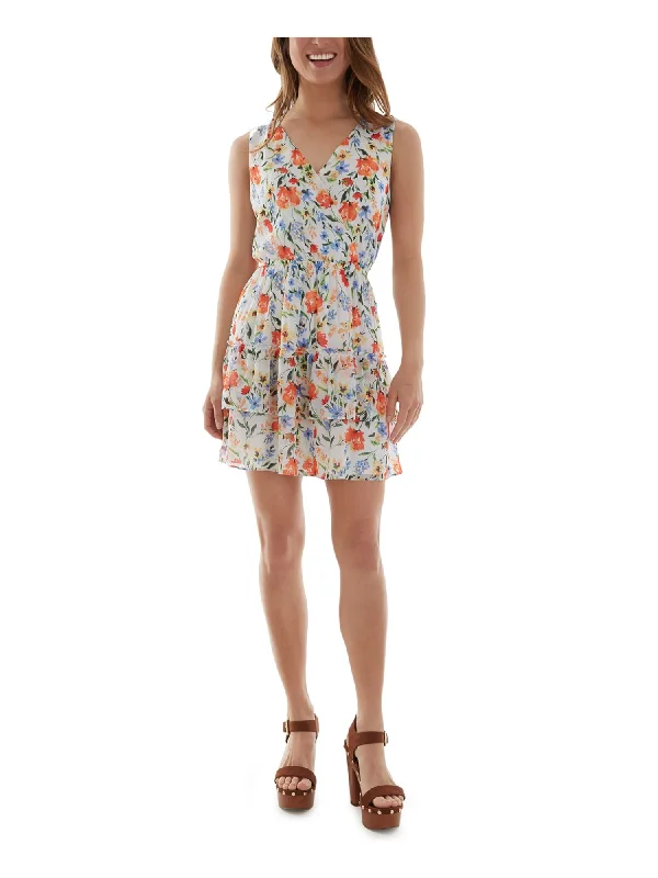 Super Deal BCX DRESS Womens Floral Sleeveless Surplice Neckline Mini Fit + Flare Dress