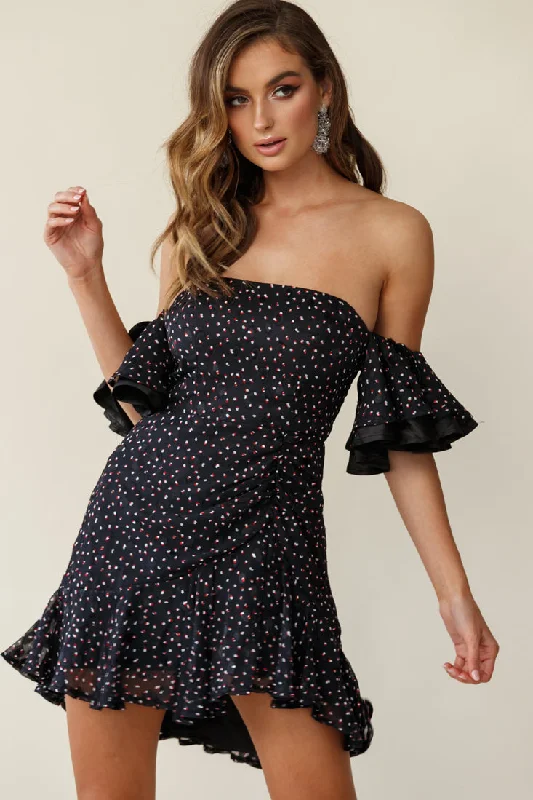 Shop and Save Lure Off-Shoulder Ruched Dress Speckle Print Black