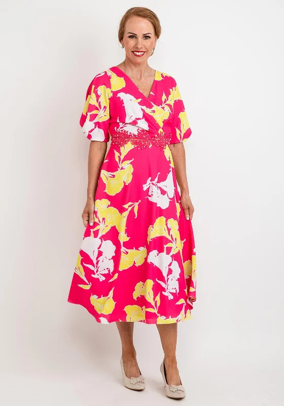 Bonus Savings Lizabella Floral Embroidered Waist Midi Dress, Pink & Yellow