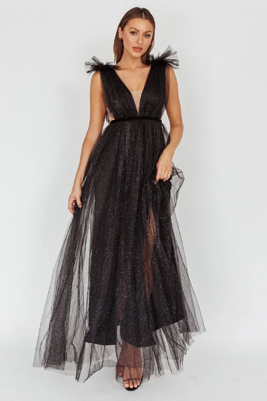 Super Sale Ludivine Shoulder Accent Mesh Midi Dress Glitter Black