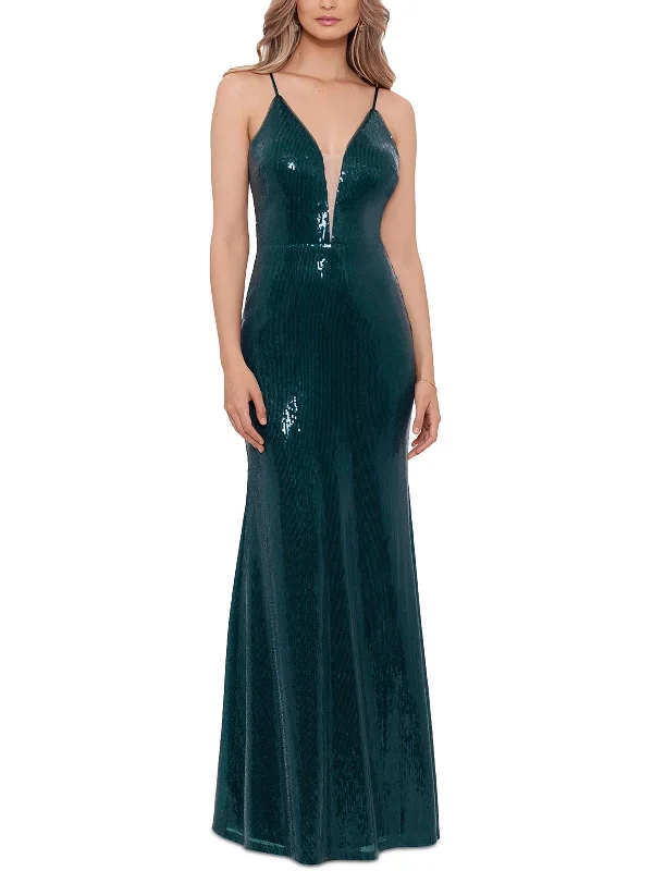 Online Exclusive Womens Sequined Plunge Neckline Evening Dress