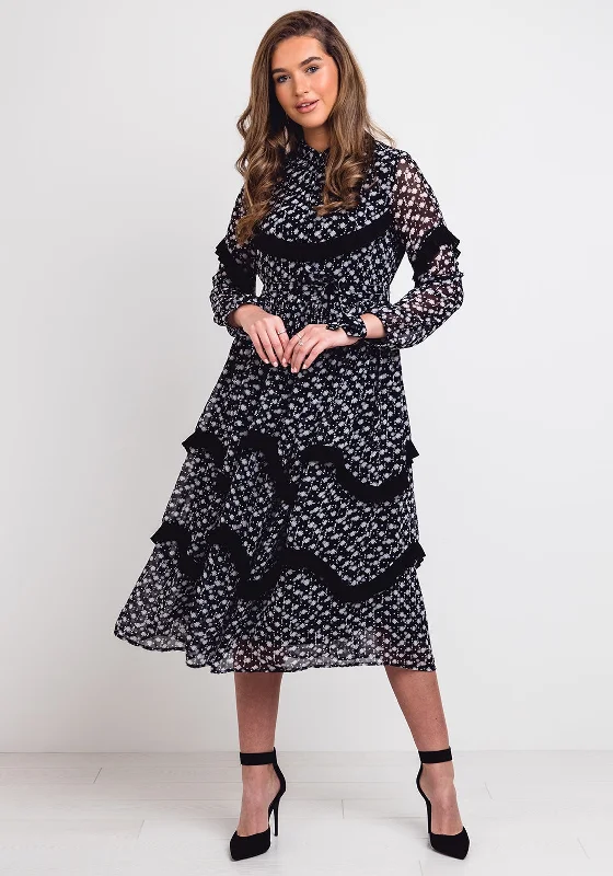 Super Sale Jovonna Frill Trim Floral Midi Dress, Black