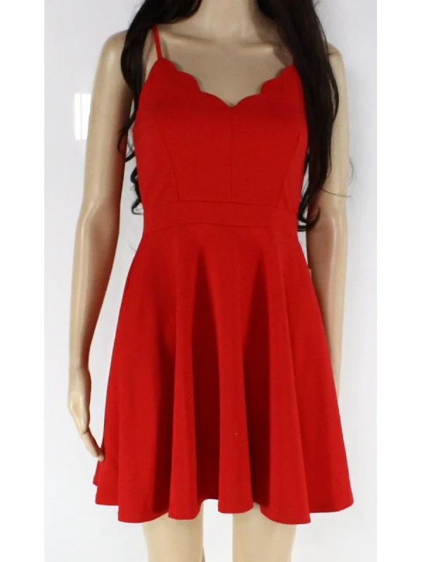 Reduced Prices B DARLIN Womens Red Stretch Zippered Fitted Scalloped Detail Spaghetti Strap V Neck Mini Party Fit + Flare Dress Reduced Prices B DARLIN Womens Red Stretch Zippered Fitted Scalloped Detail Spaghetti Strap V Neck Mini Party Fit + Flare Dress